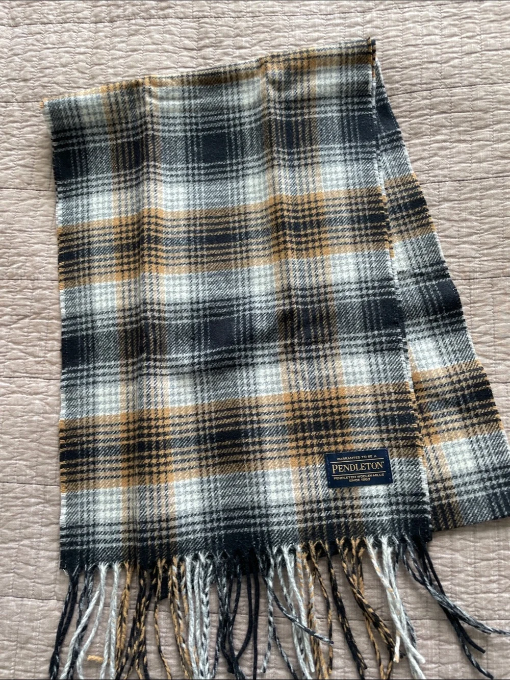 Pendleton Plaid Wool Scarf in Black, White & Tan